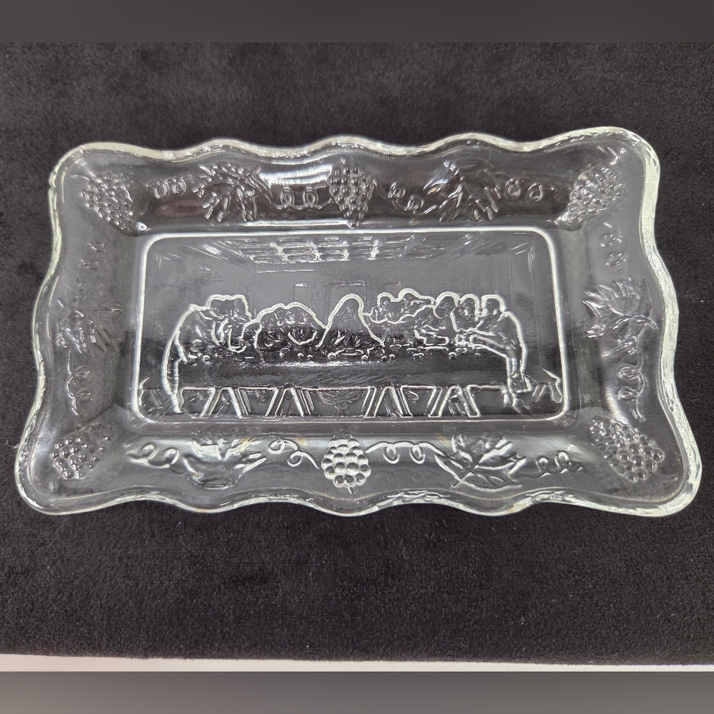 Vintage 80s The Last Supper Clear Pressed Glass Trinket Tray